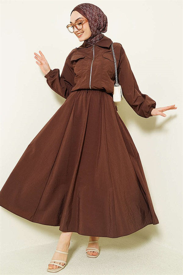 Two-Piece Parachute Jacket and Skirt 2 Piece Set in Coffee Color
