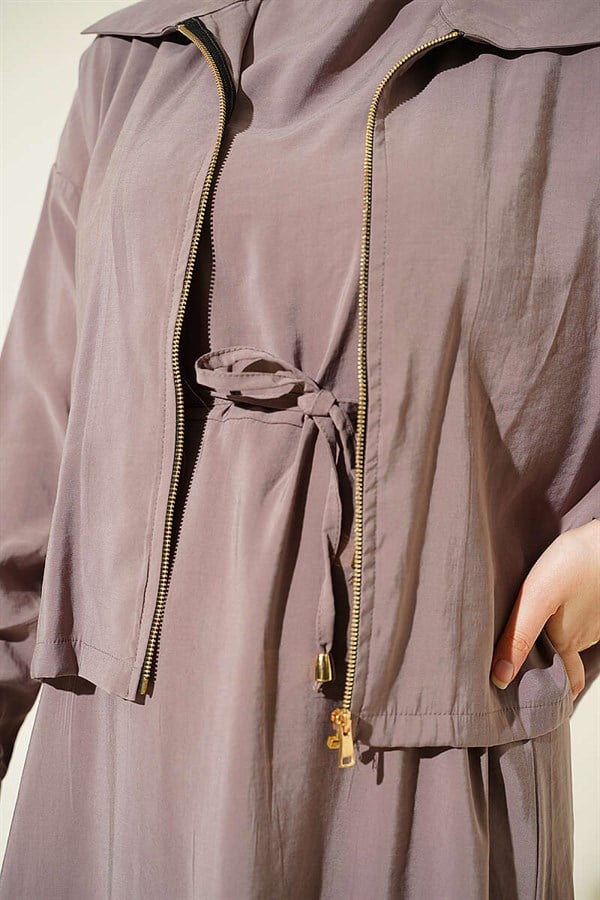 Modal Vest 2 Piece Set with Zip-Up Jacket, Mink Color
