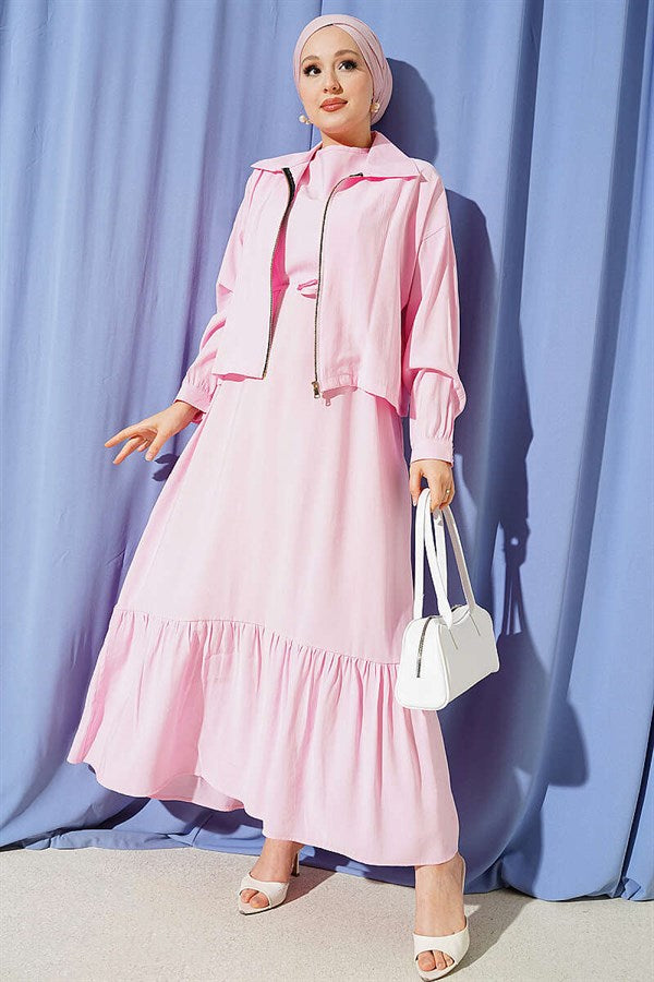 Two-Piece Modal Vest and Zip-Up Jacket Set, Pink