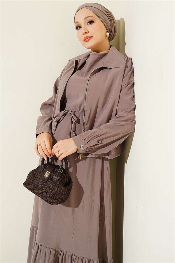 Modal Vest 2 Piece Set with Zip-Up Jacket, Mink Color