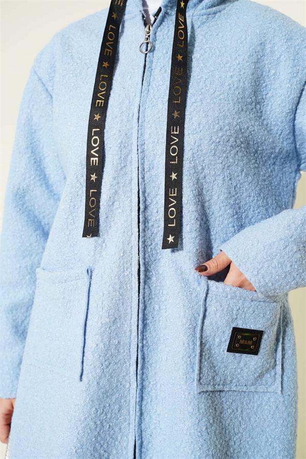 Zippered Pocket Embroidered Boucle Coat Baby Blue