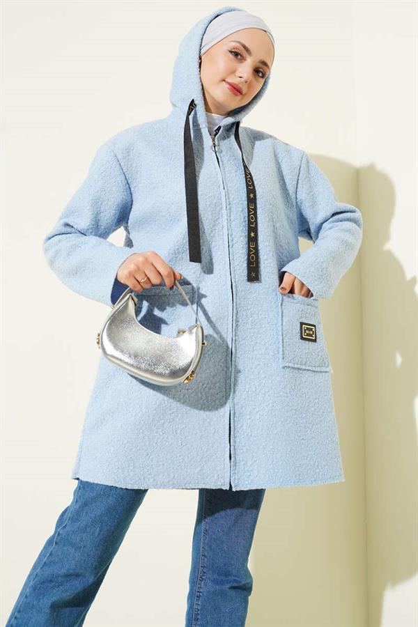Zippered Pocket Embroidered Boucle Coat Baby Blue