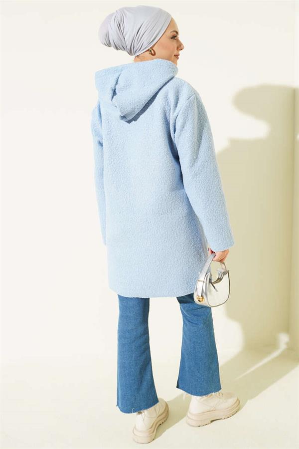 Zippered Pocket Embroidered Boucle Coat Baby Blue