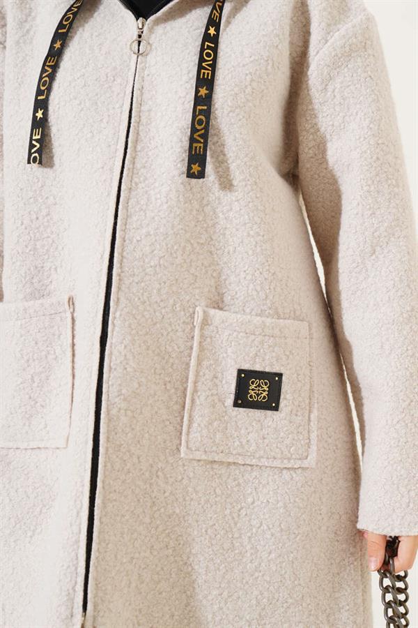 Zippered Pocket Embroidered Boucle Coat Beige