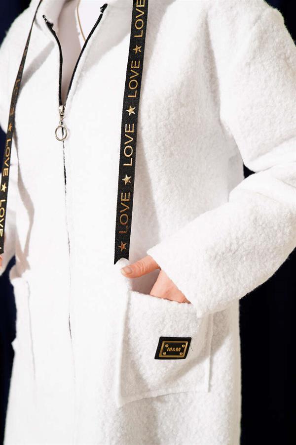 Zippered Pocket Embroidered Boucle Coat White