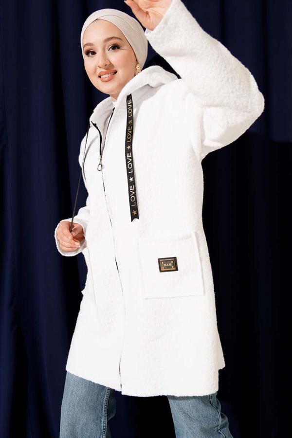 Zippered Pocket Embroidered Boucle Coat White