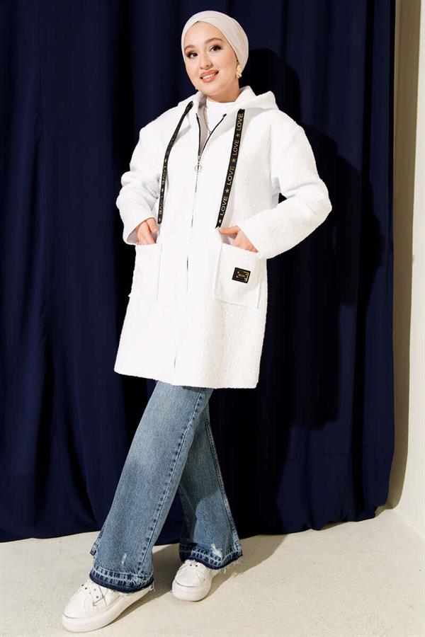 Zippered Pocket Embroidered Boucle Coat White