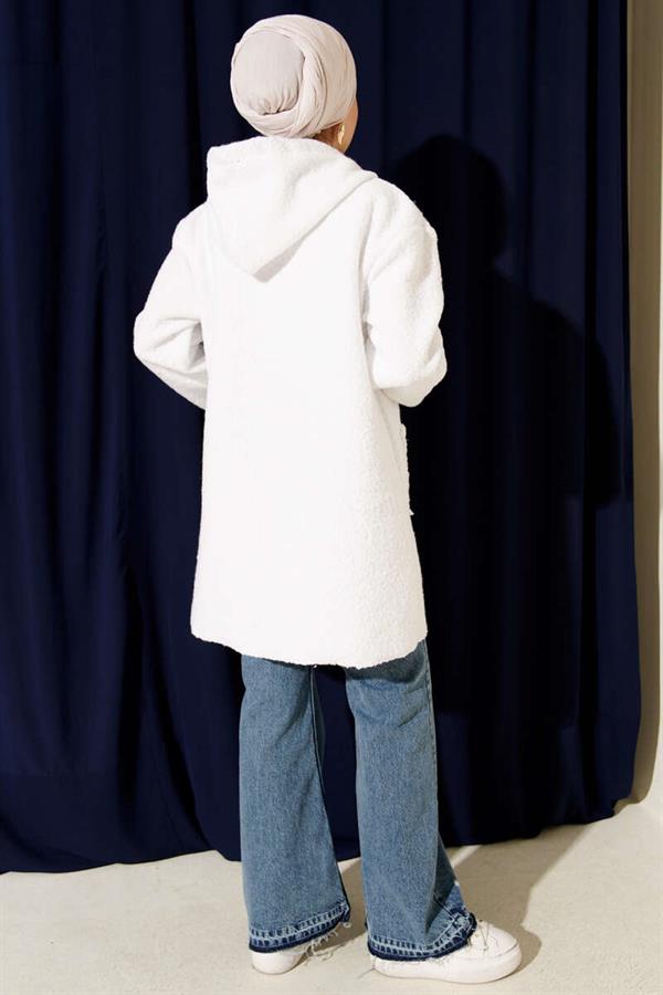 Zippered Pocket Embroidered Boucle Coat White