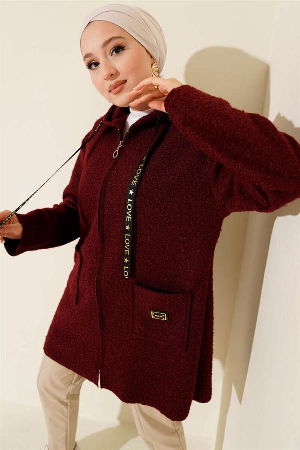 Zippered Pocket Embroidered Boucle Coat Burgundy
