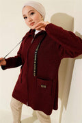 Zippered Pocket Embroidered Boucle Coat Burgundy