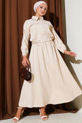 Zippered Pocket Flap Skirted Double Breasted 2 Piece Set Beige