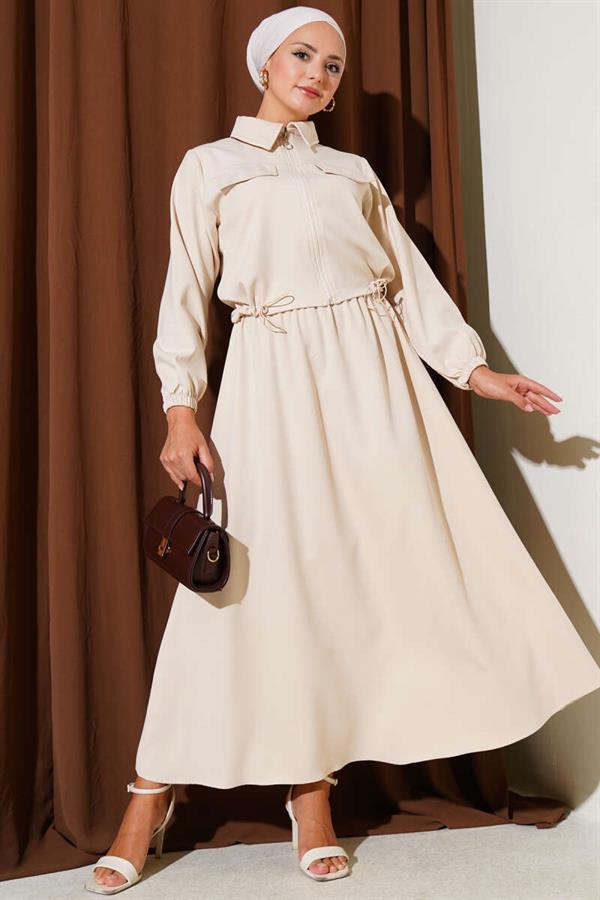 Zippered Pocket Flap Skirted Double Breasted 2 Piece Set Beige