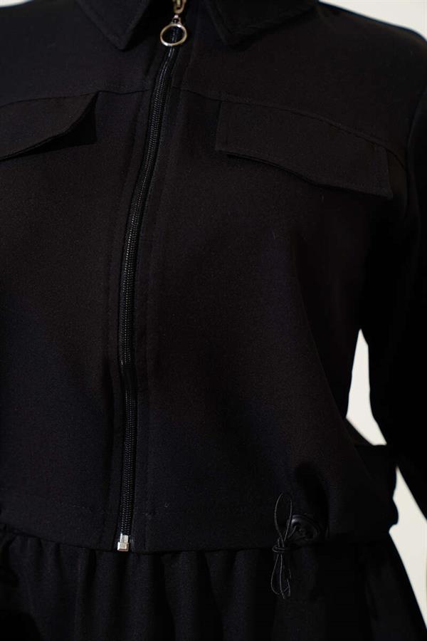 Zippered Pocket Flap Skirted 2 Piece Set Black
