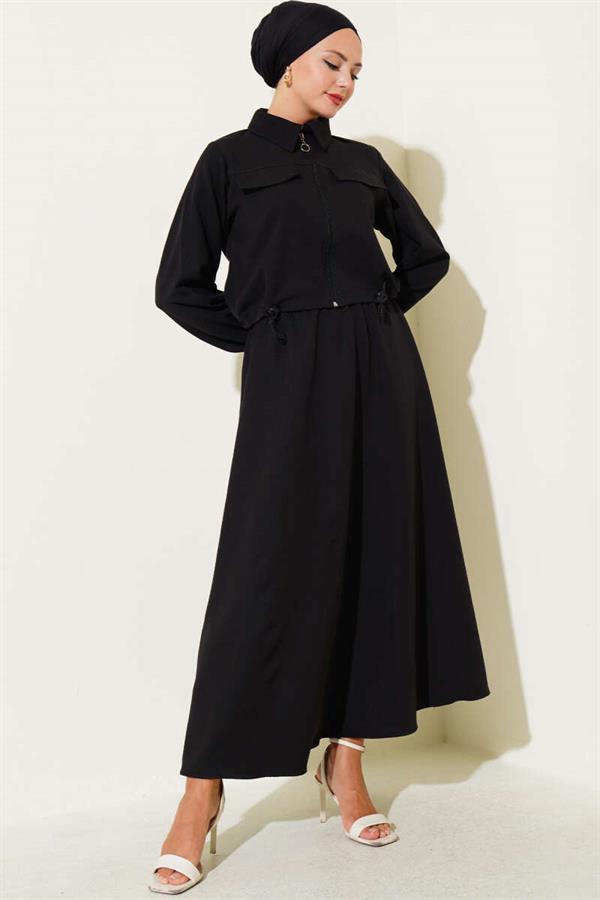 Zippered Pocket Flap Skirted 2 Piece Set Black