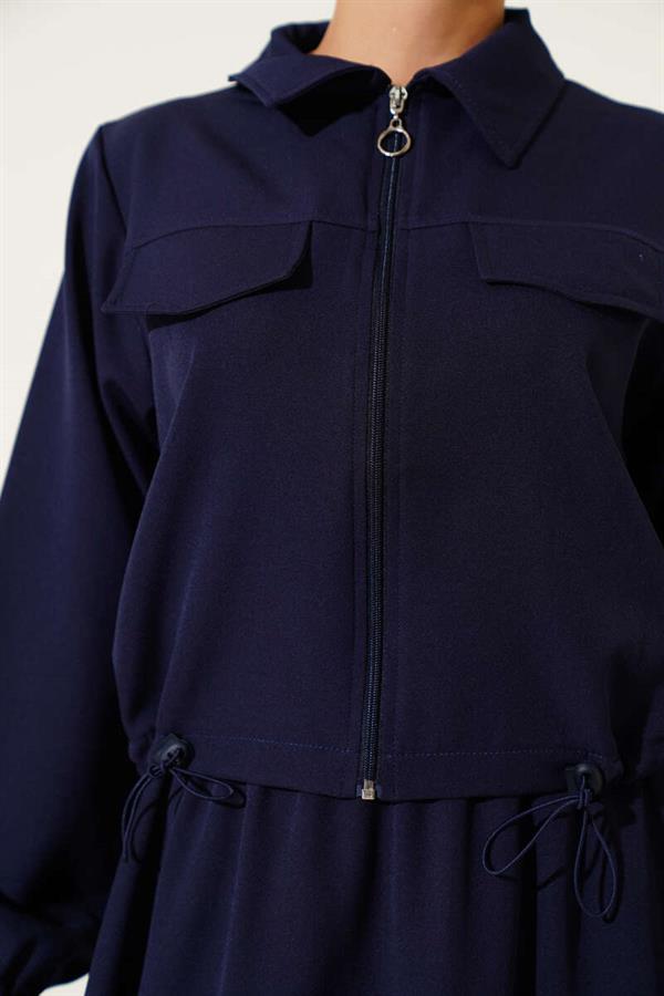 Zippered Pocket Flap Skirted 2 Piece Set Navy Blue