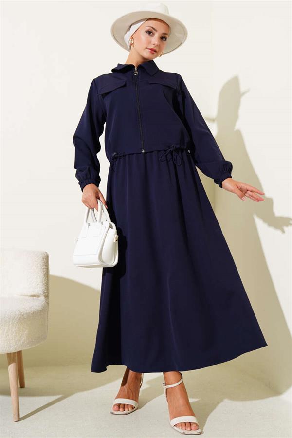 Zippered Pocket Flap Skirted 2 Piece Set Navy Blue