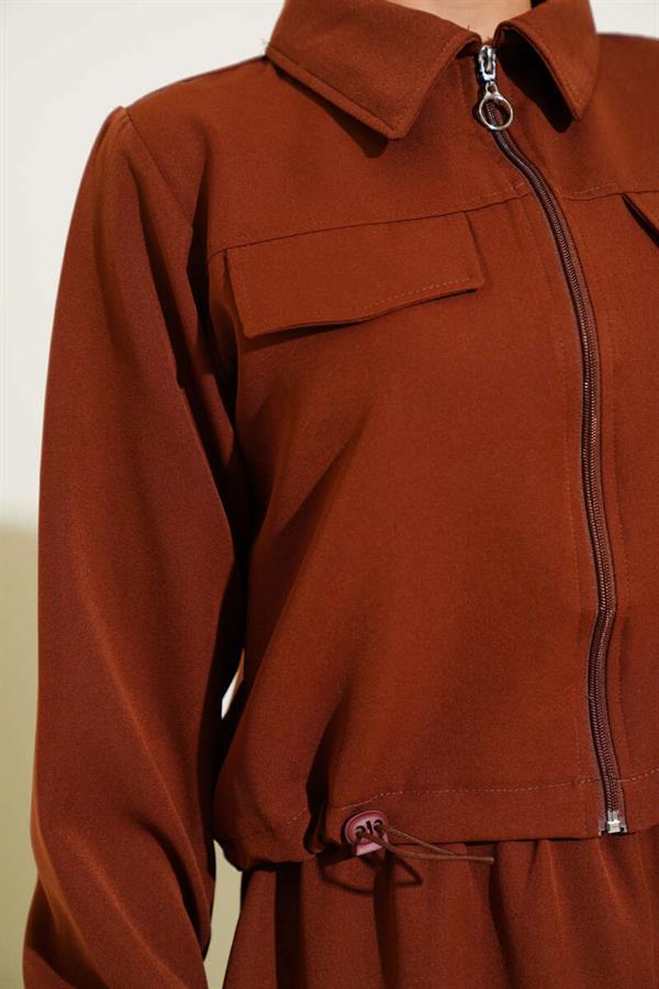 Zippered Pocket Flap Skirted 2 Piece Set Brown