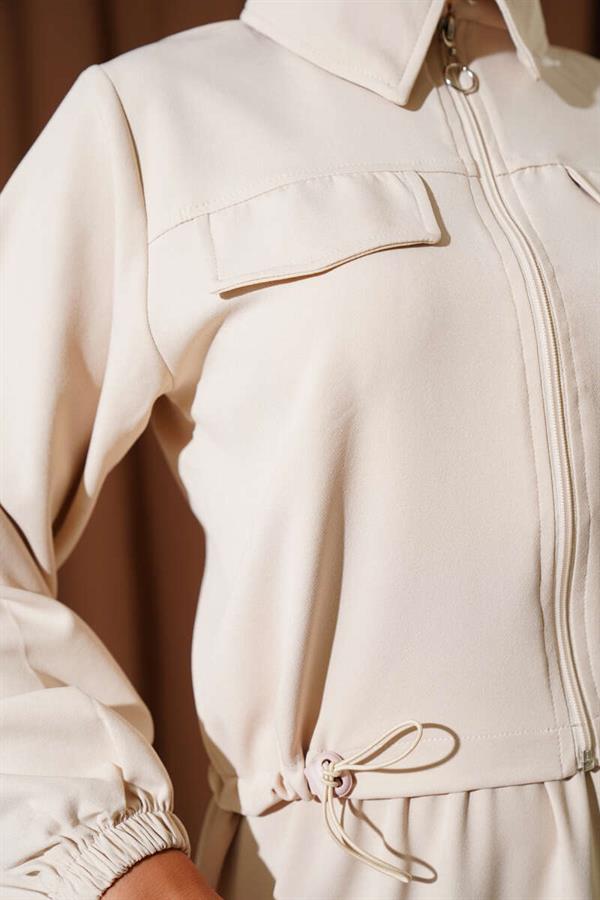 Zippered Pocket Flap Skirted Double Breasted 2 Piece Set Beige