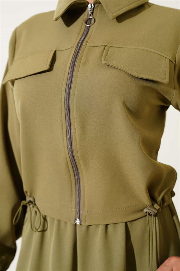 Zippered Pocket Flap Skirted 2 Piece Set, Almond Green