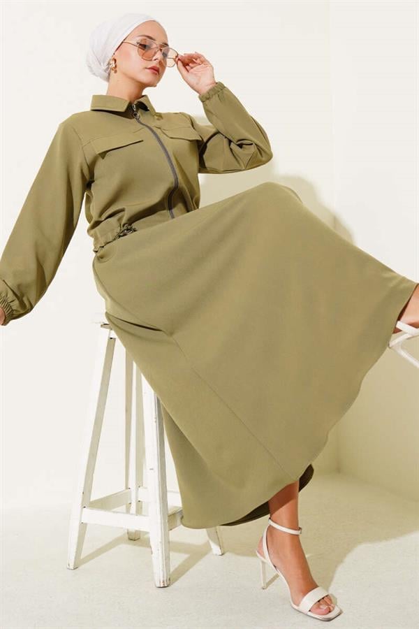 Zippered Pocket Flap Skirted 2 Piece Set, Almond Green