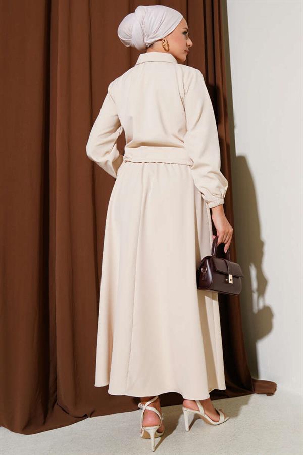 Zippered Pocket Flap Skirted Double Breasted 2 Piece Set Beige