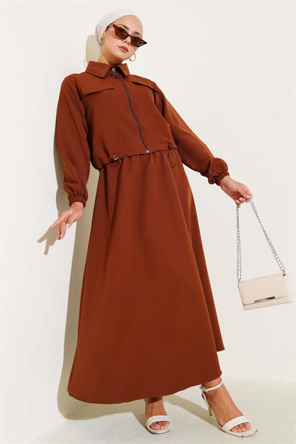 Zippered Pocket Flap Skirted 2 Piece Set Brown