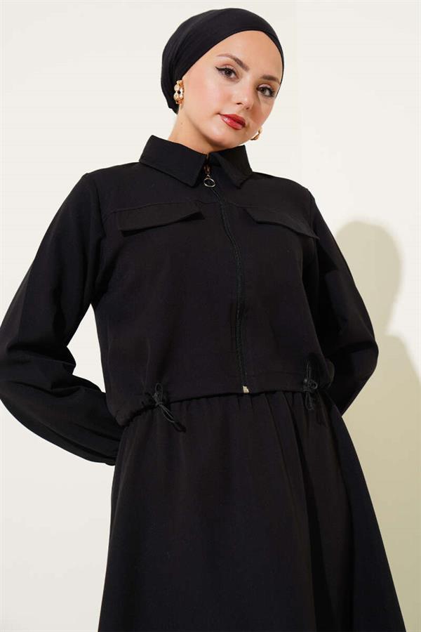 Zippered Pocket Flap Skirted 2 Piece Set Black