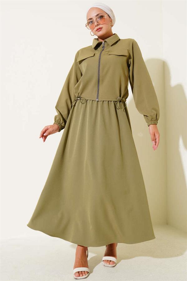 Zippered Pocket Flap Skirted 2 Piece Set, Almond Green
