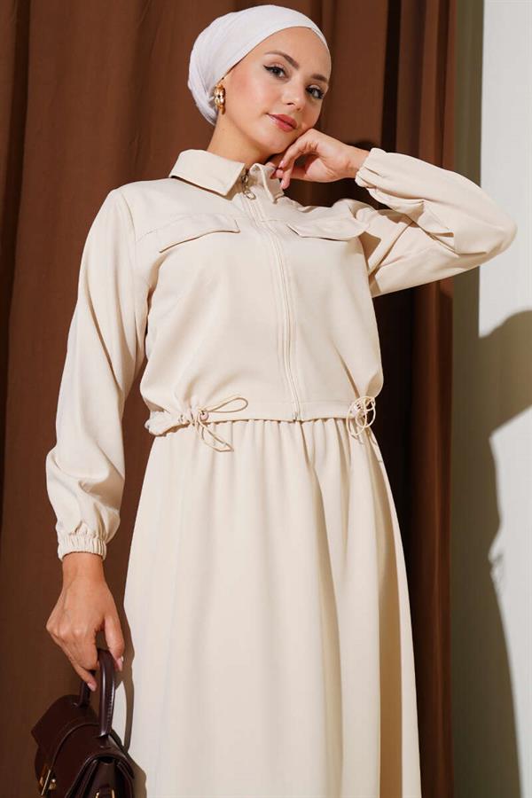 Zippered Pocket Flap Skirted Double Breasted 2 Piece Set Beige