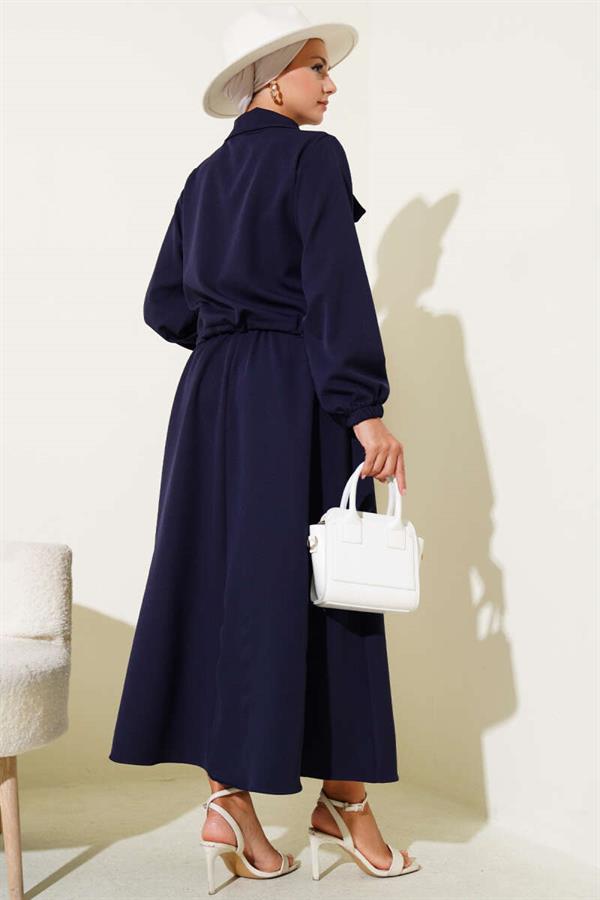 Zippered Pocket Flap Skirted 2 Piece Set Navy Blue