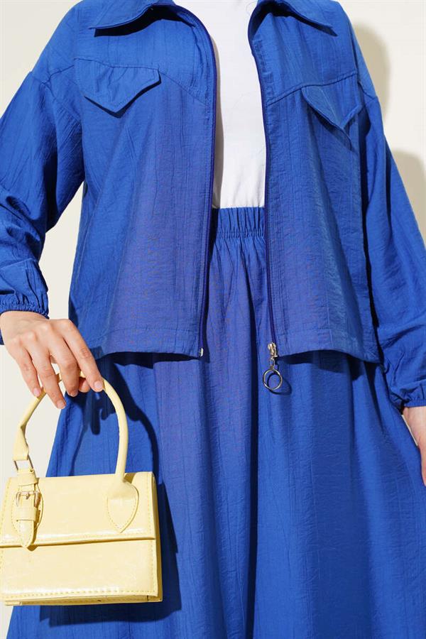 Zippered Pocket Flap Skirted 2 Piece Set Saxe