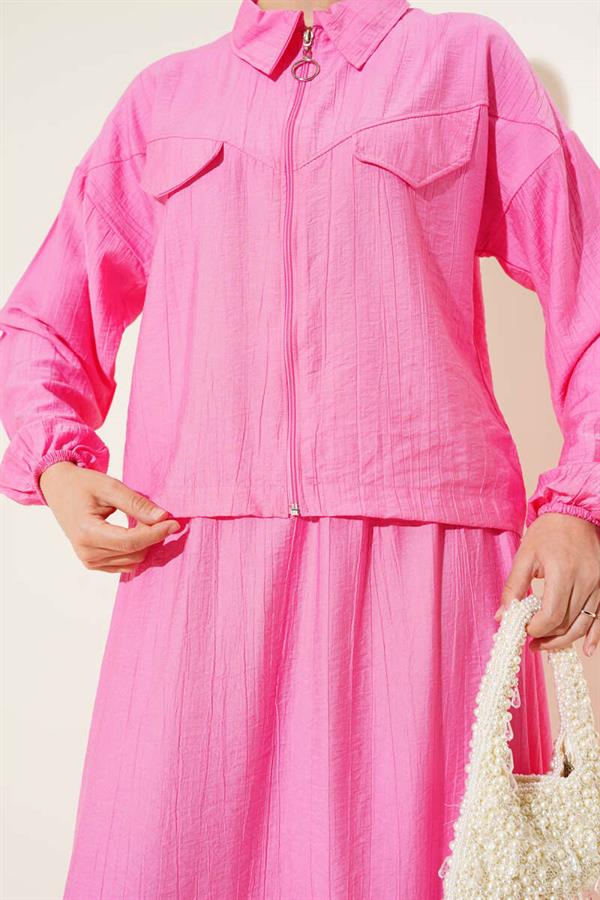 Zippered Pocket Flap Skirted 2 Piece Set Fuchsia