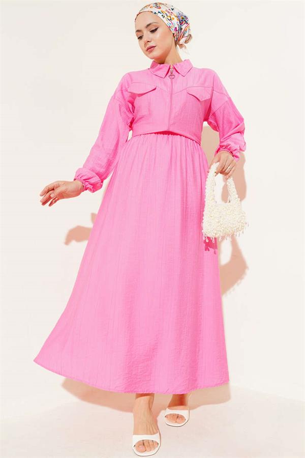 Zippered Pocket Flap Skirted 2 Piece Set Fuchsia
