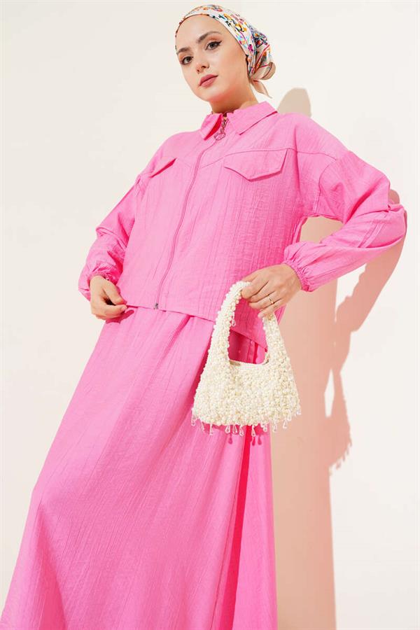 Zippered Pocket Flap Skirted 2 Piece Set Fuchsia