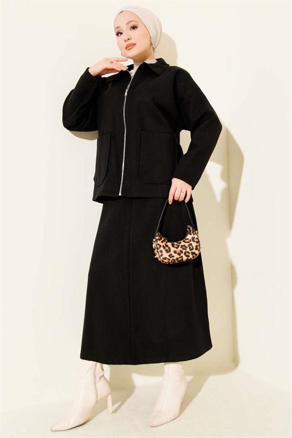 Zippered Pocket and Cashmere Skirt 2 Piece Set Black