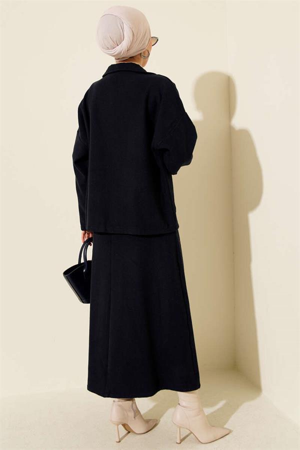 Zippered Pocketed Cashmere Skirted 2 Piece Set Navy Blue