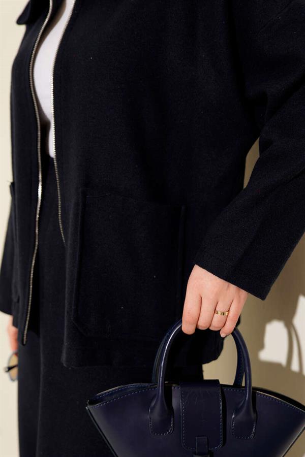 Zippered Pocketed Cashmere Skirted 2 Piece Set Navy Blue