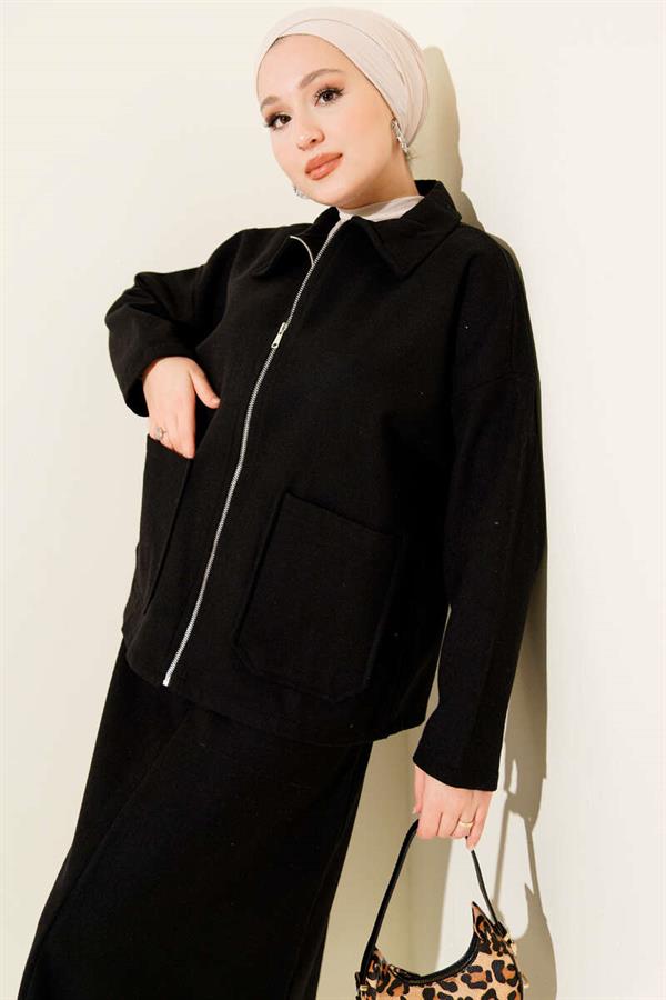 Zippered Pocket and Cashmere Skirt 2 Piece Set Black