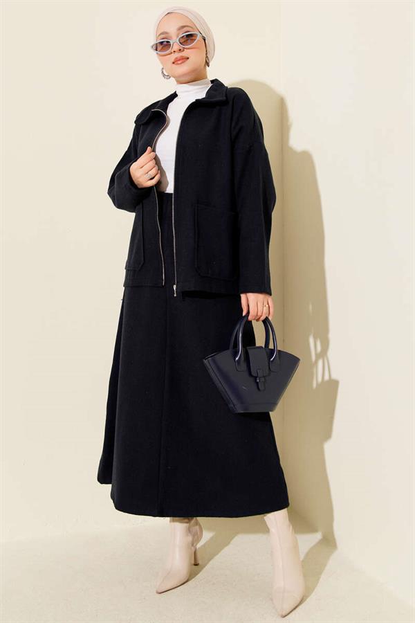 Zippered Pocketed Cashmere Skirted 2 Piece Set Navy Blue