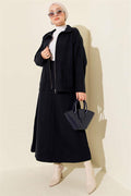 Zippered Pocketed Cashmere Skirted 2 Piece Set Navy Blue