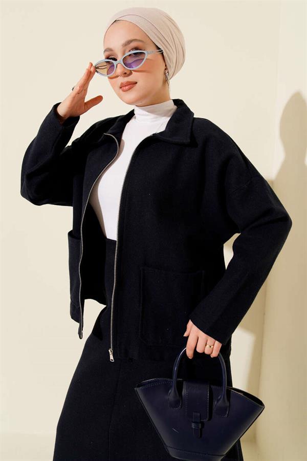 Zippered Pocketed Cashmere Skirted 2 Piece Set Navy Blue