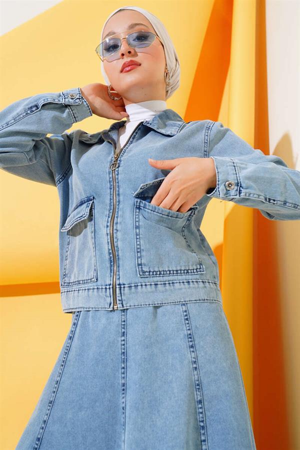 Zippered Pocket Denim 2 Piece Set Denim Blue