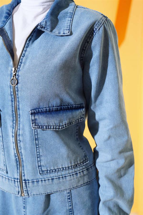 Zippered Pocket Denim 2 Piece Set Denim Blue