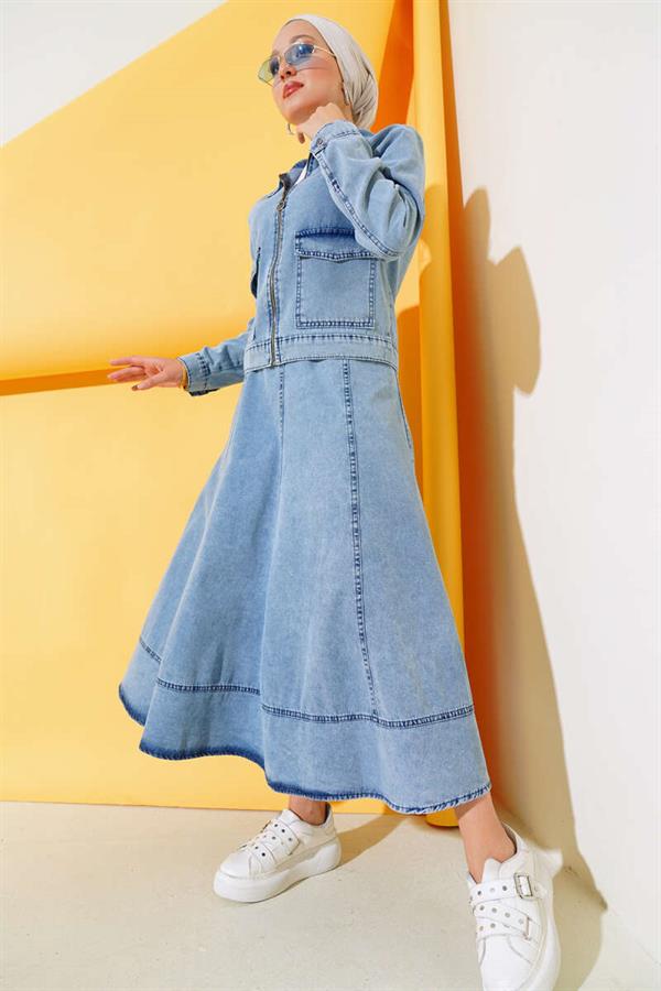 Zippered Pocket Denim 2 Piece Set Denim Blue