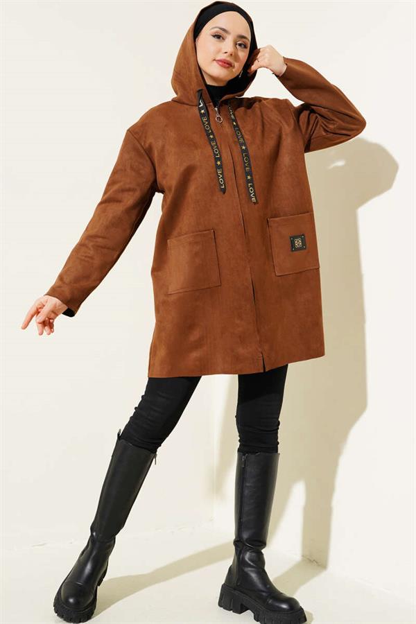 Zippered Pocket Suede Coat Brown