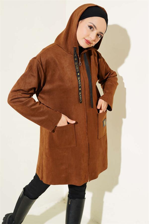 Zippered Pocket Suede Coat Brown