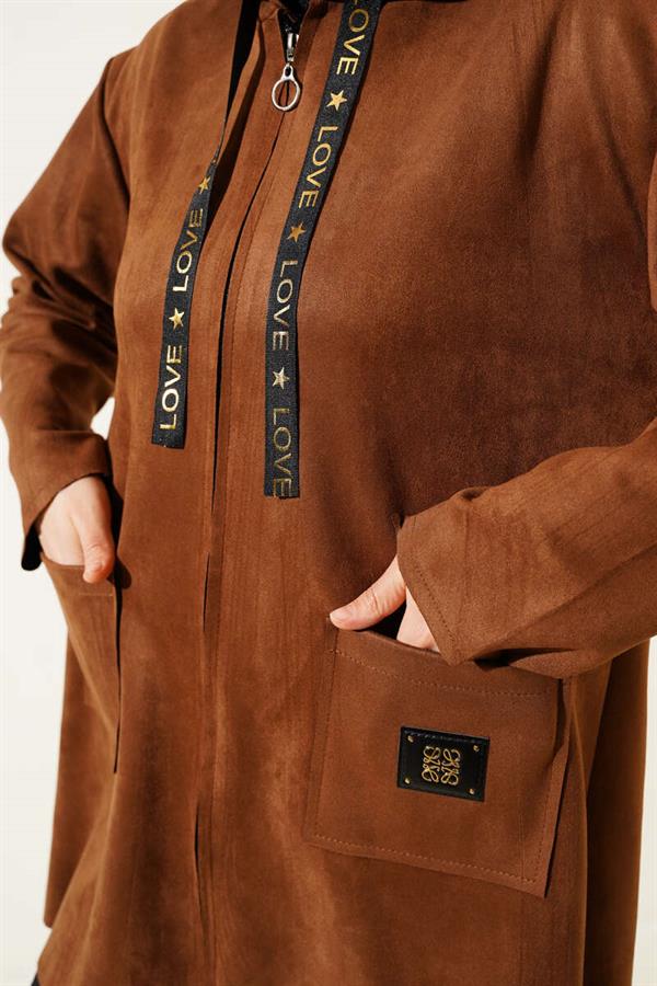 Zippered Pocket Suede Coat Brown