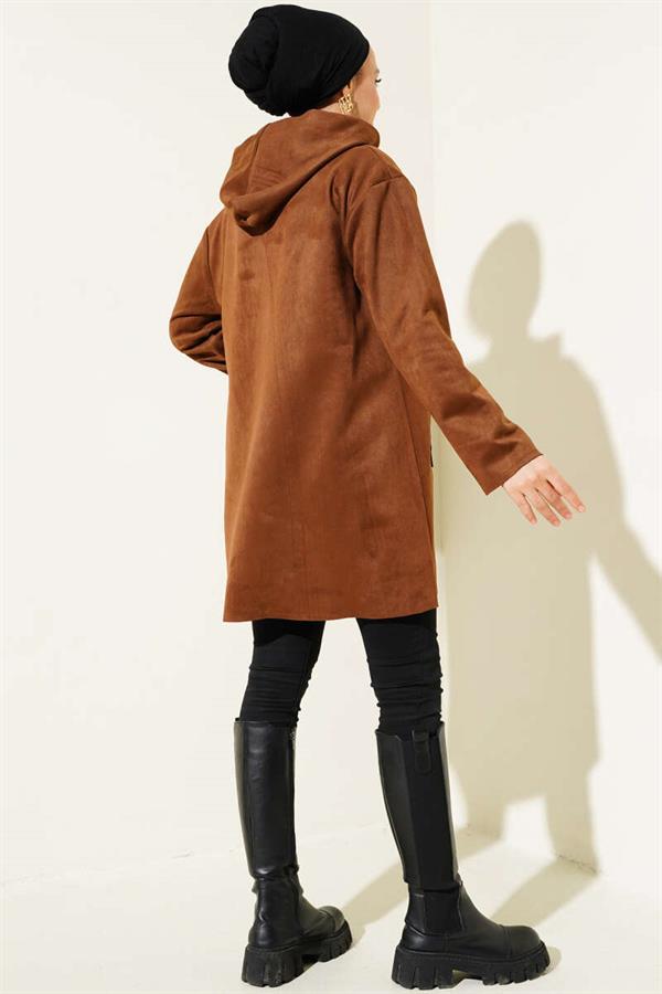 Zippered Pocket Suede Coat Brown