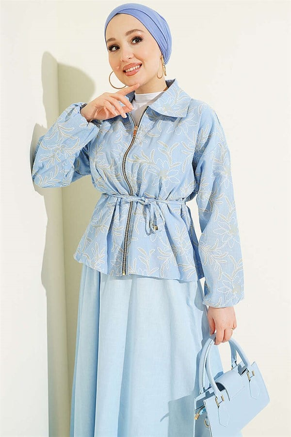 2 Piece Set with Zippered Floral Skirt, Baby Blue