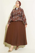 2 Piece Set with zippered floral skirt, coffee-colored.